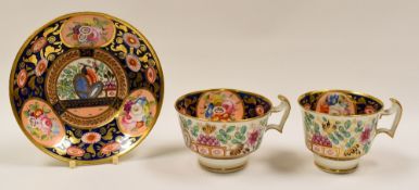 SWANSEA PORCELAIN - two cups and single saucer in pattern 219, decorated in underglaze cobalt