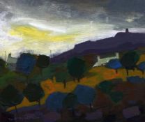 WILF ROBERTS acrylic on panel - Anglesey landscape near Bodafon with cottages, signed and dated