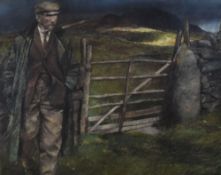 KEITH BOWEN pastel - standing farmer at gate, signed, 54 x 68cms