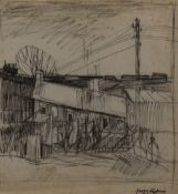 GEORGE CHAPMAN pencil drawing on paper - terraced houses and figure, entitled verso 'Washing and