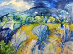 BERT ISAAC watercolour - landscape with hills and trees, entitled verso on Hill Court Gallery