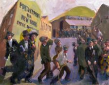 KEVIN SINNOTT oil on canvas - a multitude of figures and characters between buildings, one