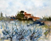 VALERIE GANZ (1936 - September 2015) watercolour - Continental landscape, entitled on Manor House