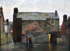 CHRISTOPHER HALL oil on board - mid-Wales town with figures in a courtyard, entitled verso '