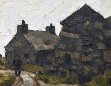 SIR KYFFIN WILLIAMS RA oil on canvas - farmer and farm buildings, signed with initials, circa 1960s,