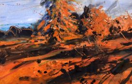 DAVID TRESS mixed media - wild landscape with trees in rust red, entitled verso 'Cedar and Oak