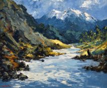 CHARLES WYATT WARREN oil on board - Snowdonia in winter with fast-flowing river, signed, 49 x 59cms