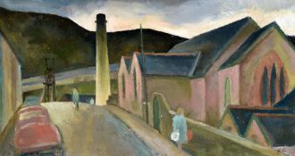 GEORGE CHAPMAN oil on canvas - Rhondda Valley colliery town street scene with figures, entitled