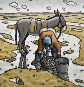 ALAN WILLIAMS acrylic on board -  figure bent-over on a beach with donkey, entitled 'Lady Cockle