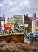 CHRISTOPHER HALL oil on board - urban street scene with skip of rubble and figure, entitled verso '