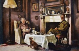 RICHARD ALLIN WILLS oil on canvas - genre scene with an elderly man and woman dressed formally while