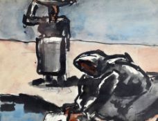 JOSEF HERMAN watercolour - entitled verso 'Two Peasants Washing Clothes', 17 x 23cms