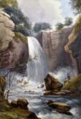 NINETEENTH CENTURY BRITISH SCHOOL watercolour - two figures at a waterfall, identified verso as '