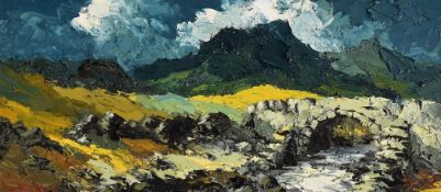 CHARLES WYATT WARREN oil on board - stormy Snowdonia landscape with bridge over tributary, signed,