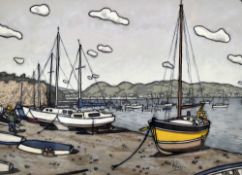 ALAN WILLIAMS acrylic on Arches watercolour paper - beached boats next to castle-walls, entitled '