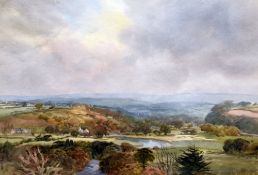 ARTHUR MILES watercolour - West Wales river and landscape, entitled verso 'The Valley of the Teifi',