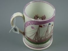 Sunderland lustre - a large sailor's frog pink decorated mug, to one side a print of the Victoria