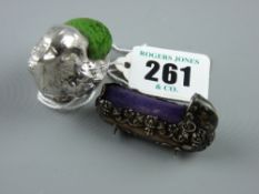 Pin cushions - a silver seated sparrow pin cushion, Birmingham 1939 and a rare silver rocking cradle