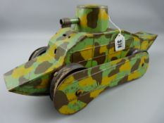 Toys - an early tinplate tank (tracks missing) by Jouet Francais, 45 cms long