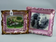 Sunderland lustre - an oblong plaque depicting a temple scene with lake and figures on a horse by