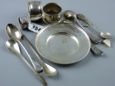 A circular plain silver dish, two silver napkin rings, a silver scarf ring and parcel of mixed