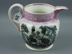 Sunderland lustre - a medium sized sailor's jug 'Gardener's Arms', 14 cms high (chip to top rim)