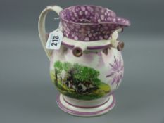 Sunderland lustre - a medium sized pink lustre puzzle jug depicting a hunting scene and an eight