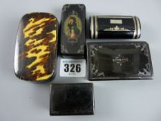 Five papier mache snuff boxes including one with tortoiseshell top and one with an oval panel of a