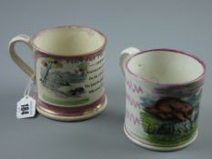 Sunderland lustre - two mugs 'Generosity, Flowers That Never Fade', 9 cms diameter, 9 cms high