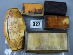 Five antique snuff boxes including a carved horn example, three further horn, two with tortoiseshell