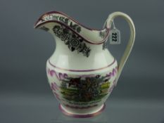 Sunderland lustre - a large jug with wide flared spout with transfer decoration 'October' and 'The