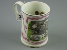 Sunderland lustre - a frog mug 'A West View of The Iron Bridge Over The Wear', 9 cms diameter, 13