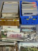 Postcards - a small shoebox and a plastic container with large quantity of postcards, many plastic