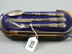 A child's cased silver three piece cutlery set, maker's mark 'H & T', Birmingham 1897 with card from