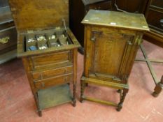 An oak single door side cabinet on barley twist supports with interior shelves and drawers, 92 x