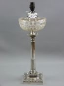 A square based electroplated oil lamp (converted to electric) with Corinthian column and a fine