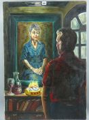 CARL F E HODGSON oil on canvas on stretcher, unframed - seated gentleman at a candlelit table