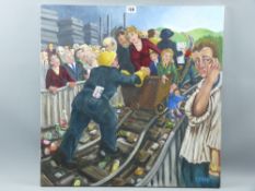 CARL F E HODGSON oil on canvas on stretcher, unframed - 'Last Train', signed with monogram, 61 x