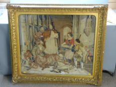 19th Century wool tapestry, interior scene, figures performing the Last Rites on a dying stag with