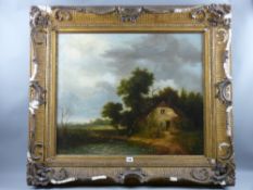 Norfolk School? oil on canvas (re-lined) - two figures outside a cottage by a duck pond with distant