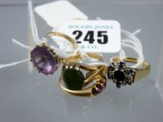 Three nine carat gold dress rings including a blue sapphire and diamond floral cluster and one other