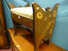 An Art Nouveau inlaid mahogany box seat stool, the shaped sides with multi-wood floral pattern