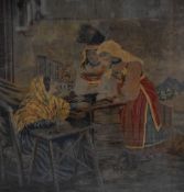 An antique pictorial sampler in an oak frame with gilt slip depicting three figures in a market