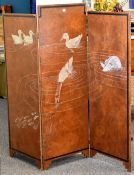 A three fold screen decorated with painted ducks and pond life