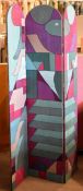 A reversible silk covered three fold arch top screen composed of deco style patchwork and applique