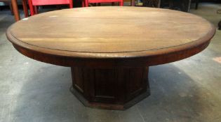 A circular topped mahogany table on a panelled octagonal pedestal