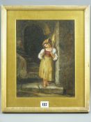 A watercolour study of a peasant girl in traditional clothing spinning yarn, possibly Italian, no