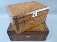 A walnut and dart inlaid oblong lidded sewing box with mother of pearl inlays and another, both