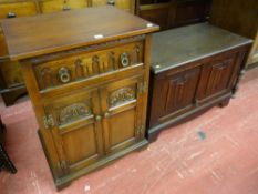 A modern oak effect cabinet stand with linenfold front and a Priory oak effect style entertainment