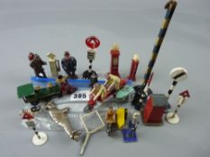 A Dinky Toys AA motorcycle and sidecar with rider, a diecast tandem bicycle with sidecar and riders,